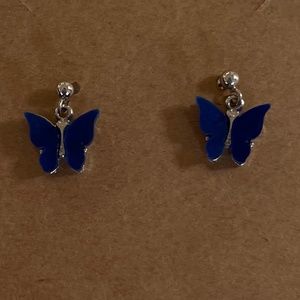 Silver plated blue butterfly post earrings, new girl teen earrings
